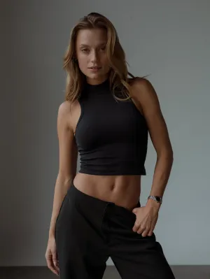 HIGH NECK SEAMLESS TANK  - BLACK