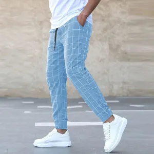 Mens Jogger Pants  Cotton Blend  Tapered Fit  Grid Pattern  Elastic Waist