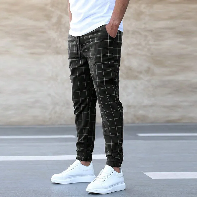 Mens Jogger Pants  Cotton Blend  Tapered Fit  Grid Pattern  Elastic Waist