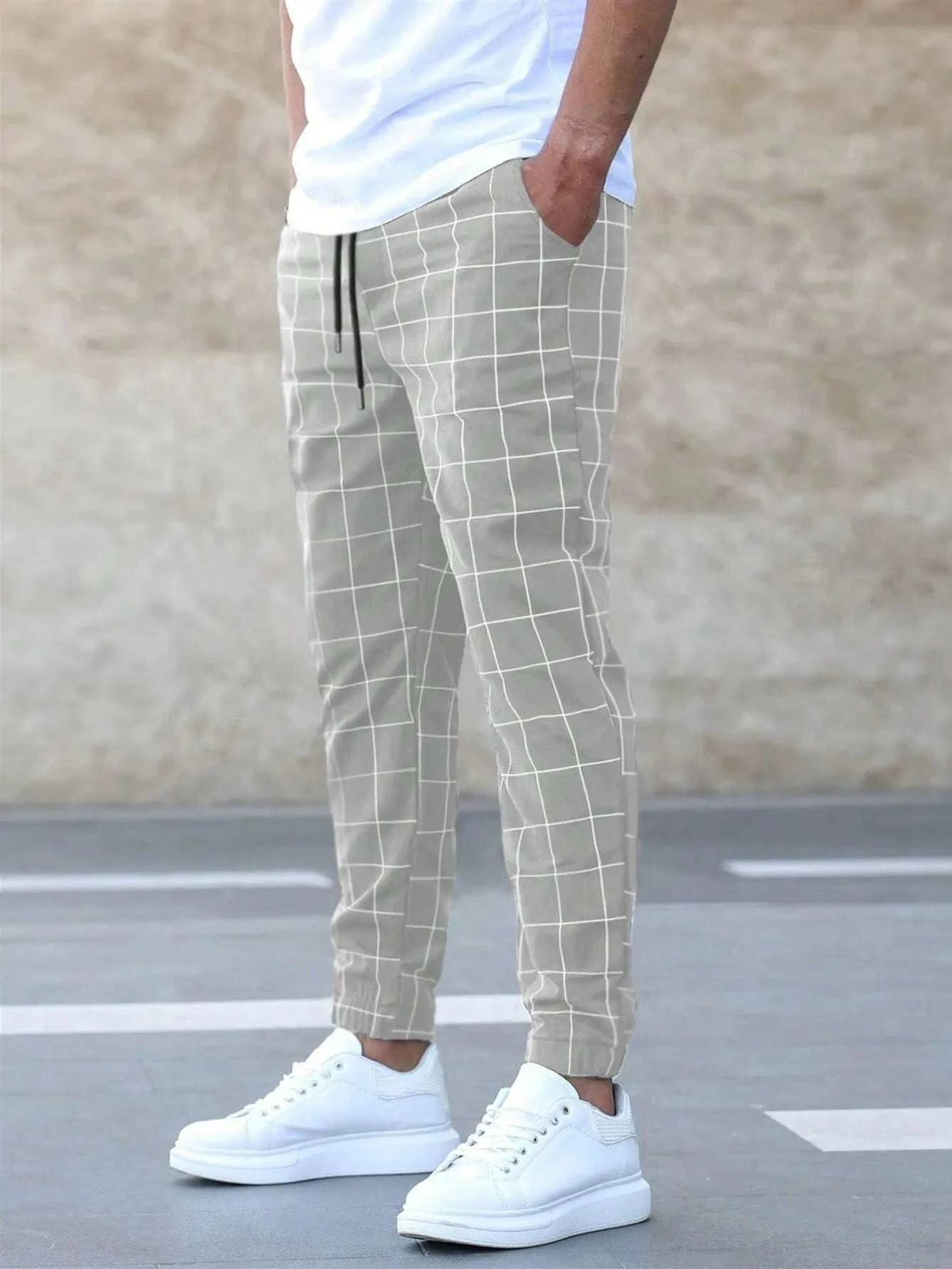 Mens Jogger Pants  Cotton Blend  Tapered Fit  Grid Pattern  Elastic Waist
