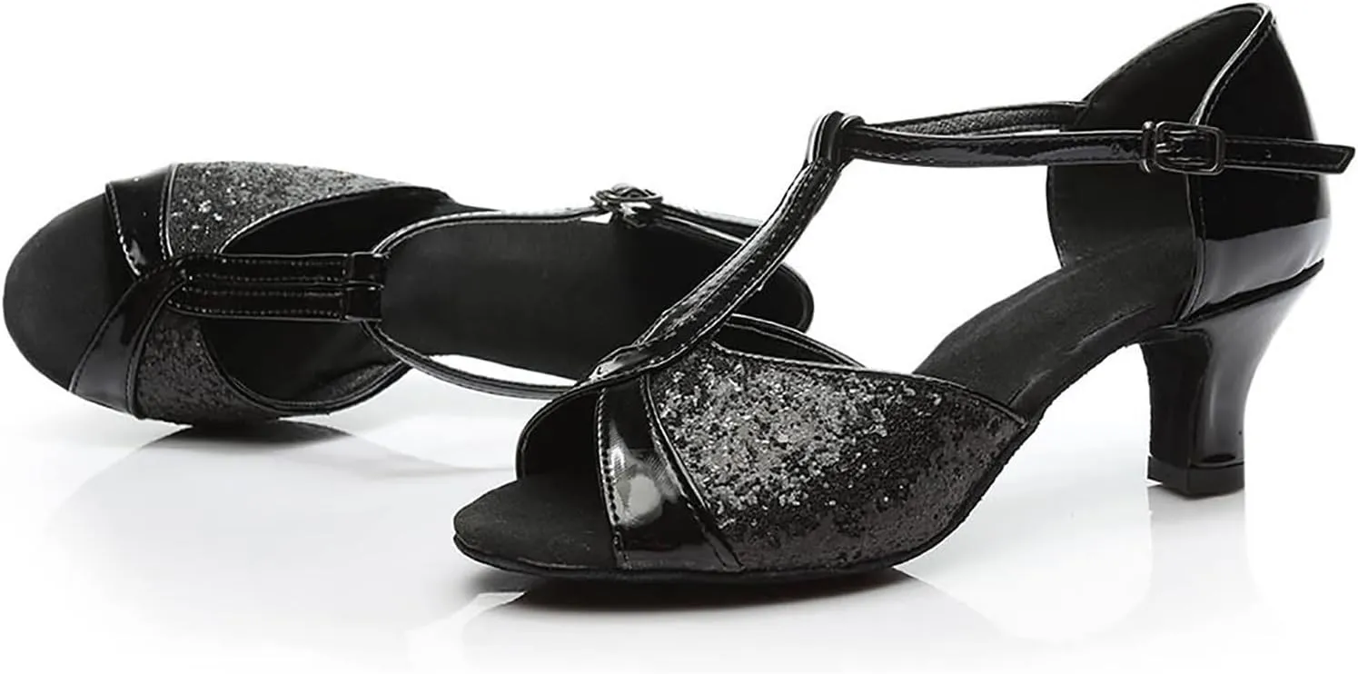 Women's Latin Dance Shoes Breathable Professional Ballroom Performance Dance Shoes Womens Peep Toe Dancing Heels Sandals Fashion T Strap Solid Mid Heel Shoe