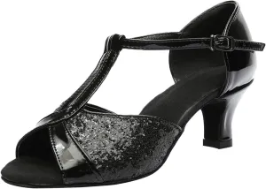 Women's Latin Dance Shoes Breathable Professional Ballroom Performance Dance Shoes Womens Peep Toe Dancing Heels Sandals Fashion T Strap Solid Mid Heel Shoe
