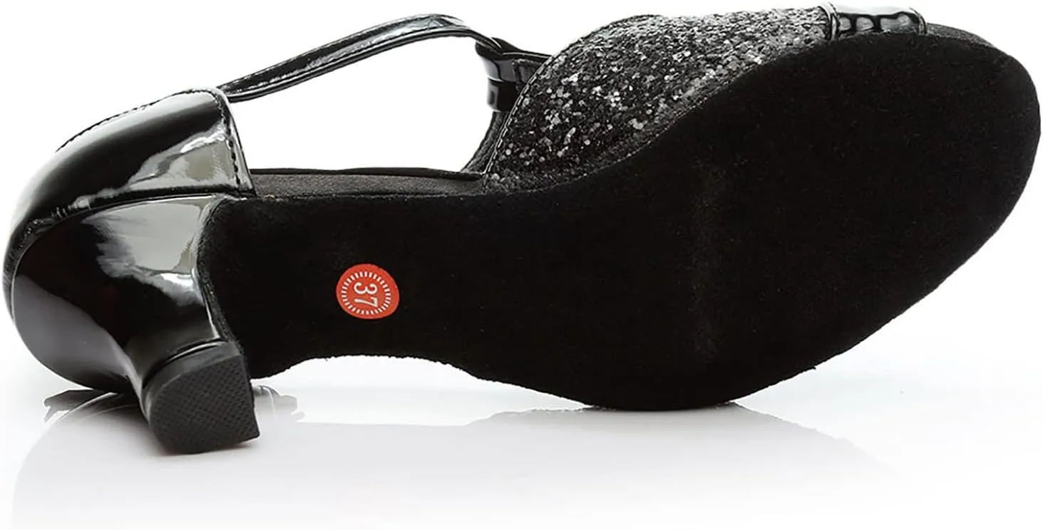 Women's Latin Dance Shoes Breathable Professional Ballroom Performance Dance Shoes Womens Peep Toe Dancing Heels Sandals Fashion T Strap Solid Mid Heel Shoe