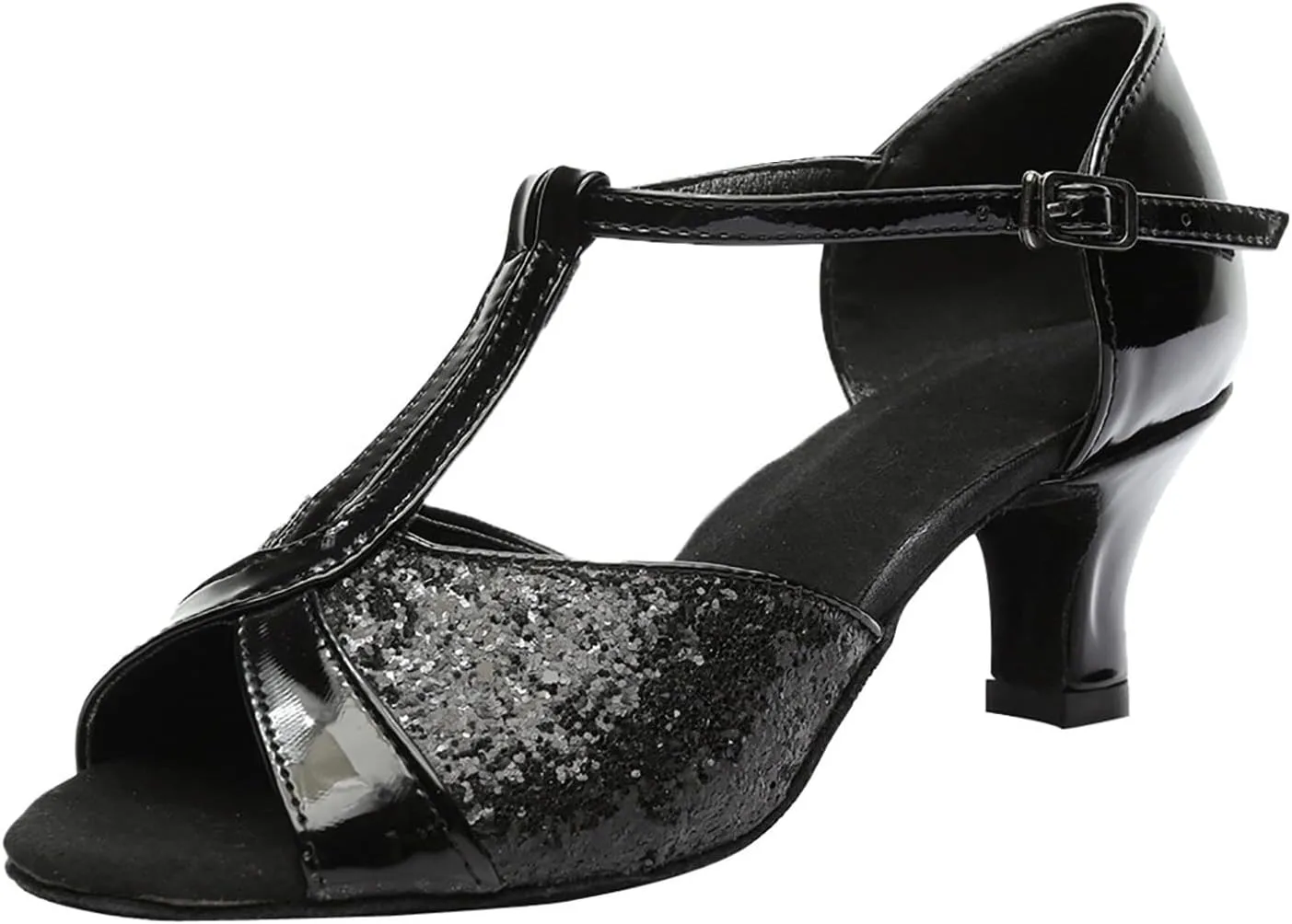 Women's Latin Dance Shoes Breathable Professional Ballroom Performance Dance Shoes Womens Peep Toe Dancing Heels Sandals Fashion T Strap Solid Mid Heel Shoe